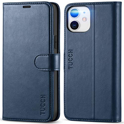 TUCCH Wallet Case for iPhone 12/12 Pro (6.1") 2020, 3 Card Slots, Dark Blue | RFID Blocking, Viewing Stand, Shockproof TPU Shell, PU Leather, Magnetic Closure, Protective Folio Flip Cover - color: Dark Blue