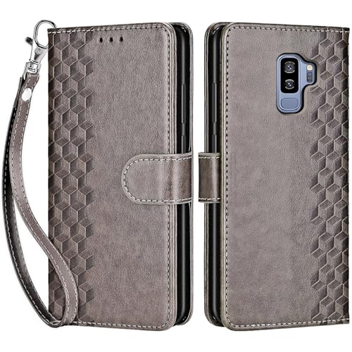for Samsung Galaxy S9 Plus Wallet case, Gray-Cube | 3 Card Holders, Kickstand, Shockproof TPU Shell, PU Leather, Magnetic Closure, Protective Flip Folio Cover, Women - color: 10