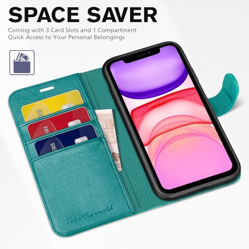 TUCCH Wallet Case for iPhone 11 (6.1") 2019, Flip Stand, Cyan | RFID Blocking, 3 Card Holders, Kickstand, PU Leather, Shockproof TPU Shell, Magnetic Closure, Protective Folio Cover - color: Cyan - Textured