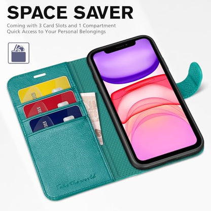 TUCCH Wallet Case for iPhone 11 (6.1") 2019, Flip Stand, Cyan | RFID Blocking, 3 Card Holders, Kickstand, PU Leather, Shockproof TPU Shell, Magnetic Closure, Protective Folio Cover - color: Cyan - Textured