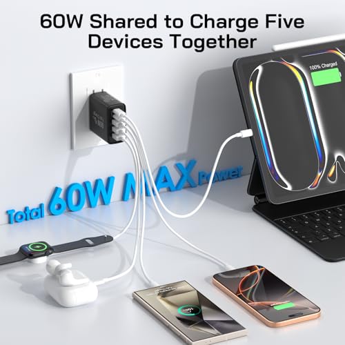 2Pack USB C Fast Charger Block, Total 60W 5-Port USB C Wall Charger 30W - color: Black