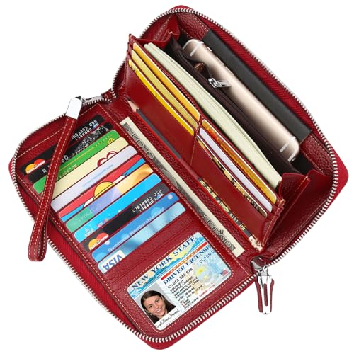 Small Compact Women Wallet RFID Blocking Genuine Leather Bifold Purse with ID Windows - color: 1- Pebbled Dark Red, size: One Size