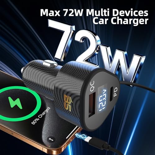 72W Car Charger for iPhone 17 16 15 Pro Max, 3 in 1 Car Charger USB C Fast Charge with Retractable Coiled Cable, Cigarette Lighter Adapter with Voltage Display for Samsung S25 S24 & Google Pixel