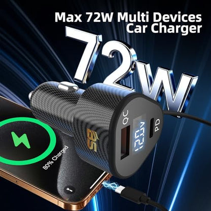 72W Car Charger for iPhone 17 16 15 Pro Max, 3 in 1 Car Charger USB C Fast Charge with Retractable Coiled Cable, Cigarette Lighter Adapter with Voltage Display for Samsung S25 S24 & Google Pixel