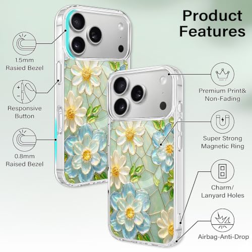 for iPhone 17 Pro Max Magnetic Case【Compatible with MagSafe】 Aesthetic Oil Painting Stained Glass Flower Design, Slim Fit Hard PC Back Shockproof Cute Clear Phone Cover, White Blue - color: White Blue, size: iPhone 17 Pro Max