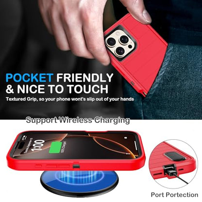 for iPhone 16 Pro Case with Screen Protector,Built-in Invisible Kickstand,Heavy Duty Shockproof Drop Protection Military Grade Tri-Layer Rugged Durable Cell Phone Cover for Apple 16 Pro 6.3"(Red) - color: Red