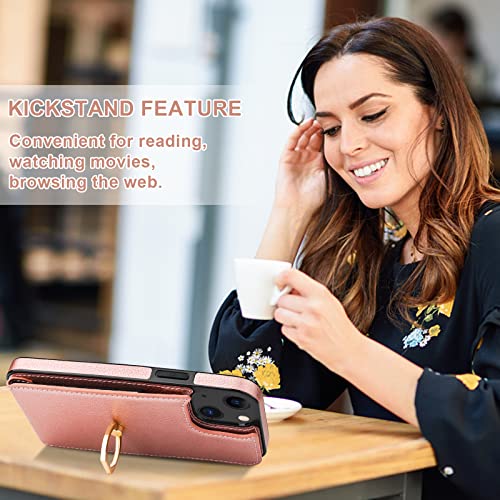 Folosu Compatible with iPhone 14 Case Wallet with Card Holder, 360°Rotation Finger Ring Holder Kickstand, RFID Blocking Leather Protective Double Buttons Shockproof Cover 6.1 Inch Rose Gold - color: Rose Gold, size: iPhone 14