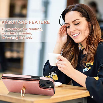 Folosu Compatible with iPhone 13 Case Wallet with Card Holder, 360°Rotation Finger Ring Holder Kickstand Protective RFID Blocking PU Leather Double Buttons Flip Shockproof Cover 6.1 Inch Rose Gold - color: Rose Gold