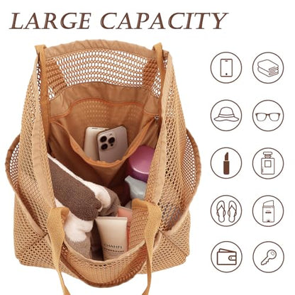 GYEUKHAM Mesh Beach Bag for Women, Sand-Resistant Pool Tote, 9 Pockets (1 Inner Zip), Foldable Family Travel Essentials - color: 6 Pockets-tan