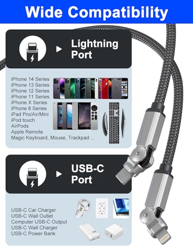 90 Degree USB C to Lightning Cable with 180°Swivel Connector 6.6FT [MFi,3A,Carplay,Data] Rotating iPhone Charger Fast Charging Right Angle Lightning Cable for Apple Carplay iPhone 14 13 12 11 X iPad