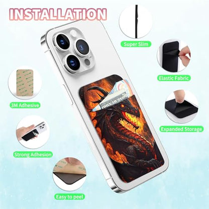 Phone Credit Card Holder Stick on, Phone Case Wallet, Cell Phone Pocket Self Adhesive Stretchy Lycra Stick on Wallet ID Credit Card Case Pouch Sleeve for All Smartphones, Flame Dragon - color: 323