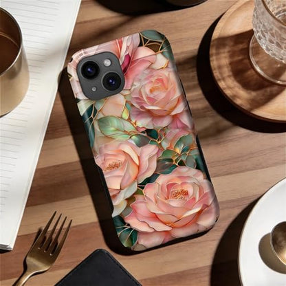 Case for iPhone 15 | Anti-Slip Side Handle| Bold Protective Design | Compatible with MagSafe | Stained Glass Pink Flower | - color: Stained Glass Pink Flower, size: iPhone 15