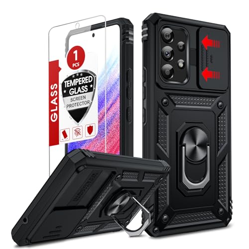 LeYi for Samsung Galaxy A53-5G Phone Case: with Slide Camera Cover | Military-Grade Heavy Duty Cell Android Cover Magnetic Ring Holder Stand para A 53, Black - color: TC Black, size: A53 5G 6.5inch