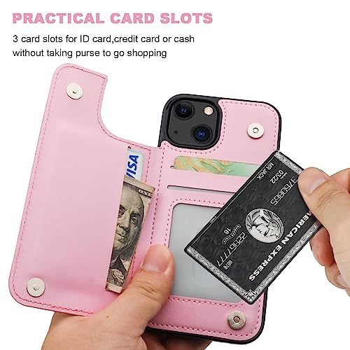 ONETOP for iPhone 13 Wallet Case with Card Holder,Pink | Kickstand,ID/Cash Holder,Case Wallet with Card Slots,Double Magnetic Clasp,Durable PU Leather Shockproof Cover for Women Men - color: Pink