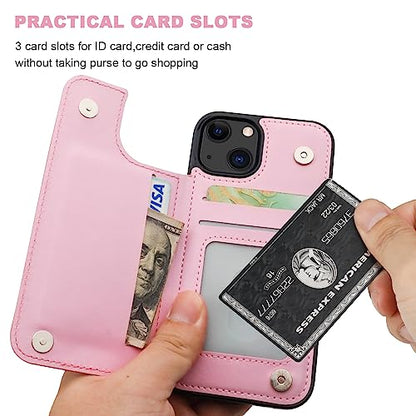 ONETOP for iPhone 13 Wallet Case with Card Holder,Pink | Kickstand,ID/Cash Holder,Case Wallet with Card Slots,Double Magnetic Clasp,Durable PU Leather Shockproof Cover for Women Men - color: Pink