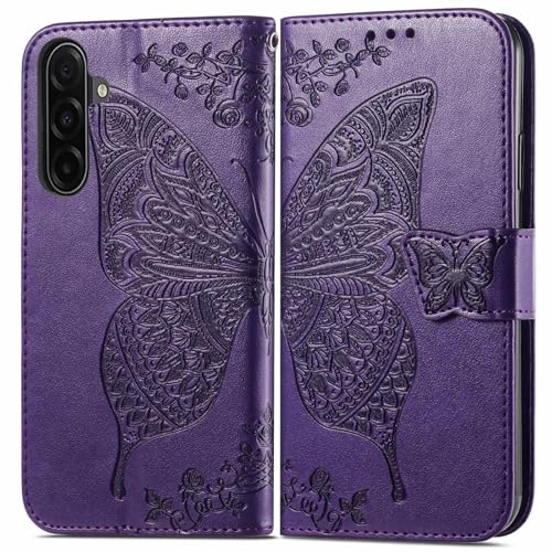 for Samsung Galaxy A17 5G Phone Case Wallet,Purple | Butterfly Embossed PU Leather, Credit Card Holders, Wrist Strap, Magnetic Closure, Flip Protective Purse Cover for Women Men - color: Purple