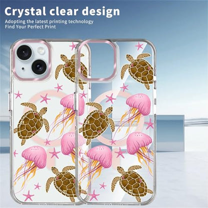 VisEnt Clear Case for iPhone 15, Magnetic Phone Case, Transparent Slim Cover, Military Grade Protection, Shockproof, Anti-Yellowing, Scratch Resistant, Pink Jellyfish Sea Turtle - color: Pink Jellyfish Sea Turtle, size: Iphone 15