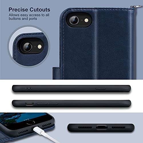 ULAK for iPhone SE 3(2022)/SE(2020)/8/7 Wallet Case Card Holder, Blue | Premium PU Leather Flip Case with Kickstand Card Slots,RFID Blocking,Wrist Strap, Durable Shockproof Cover 4.7 Inch - color: Blue