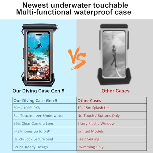 100FT/30M Gen 5 Diving Phone Case, Full Touchscreen Underwater Housing for iPhone 17-12 Pro Max & Samsung Galaxy S26 - S21, IPX8 Scuba Photo/Video Waterproof Case - color: Black