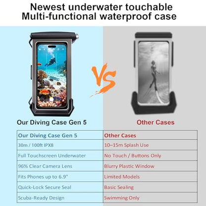 100FT/30M Gen 5 Diving Phone Case, Full Touchscreen Underwater Housing for iPhone 17-12 Pro Max & Samsung Galaxy S26 - S21, IPX8 Scuba Photo/Video Waterproof Case - color: Black