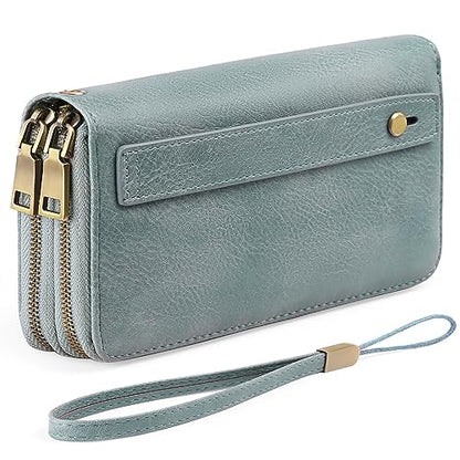 GAEKEAO RFID Leather Wristlet Wallet for Women with Grip Strap | Large capacity clutch wallet, credit card holder, wrist strap, zipper purse, travel and shopping - color: A06 Retro Light Blue-1