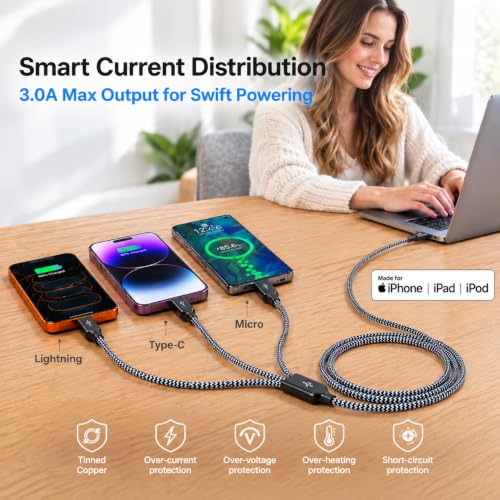 3 in 1 Multi Charging Cable 4ft 2Pack,MFi Certified fast charger cord - color: Grey/Black-4ft