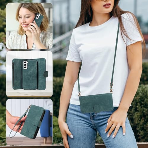 Asuwish Phone Case for Samsung Galaxy S22 5G Zipper Wallet Detachable Magnetic Cover with Tempered Glass Screen Protector Crossbody Lanyard Strap Card Holder S 22 22S 4G G5 6.1 inch Women Girls Blue - color: Blue