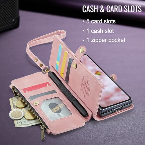 Defencase for Samsung Galaxy Z Fold 6 Wallet Case with Card Holder, Pink | Durable Soft PU Leather, RFID Blcking Zipper Pocket, with S-Pen Holder & Strap, Flip Phone Cases with Stand for Women Men - color: Airy Rose Pink