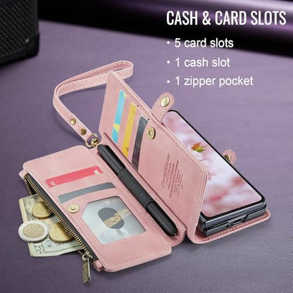 Defencase for Samsung Galaxy Z Fold 6 Wallet Case with Card Holder, Pink | Durable Soft PU Leather, RFID Blcking Zipper Pocket, with S-Pen Holder & Strap, Flip Phone Cases with Stand for Women Men - color: Airy Rose Pink