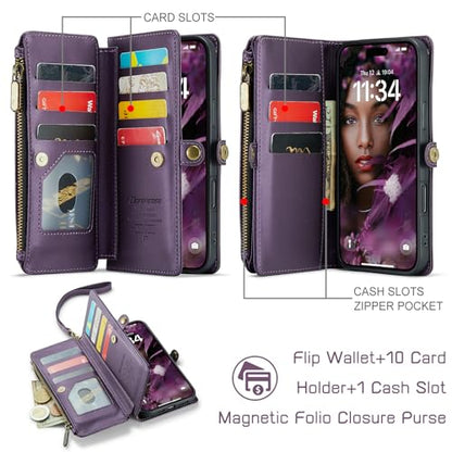 Defencase for iPhone 17 Pro Max Wallet Case with RFID Card Holder, Purple | Durable Soft PU Leather, with Zipper Pocket, Wrist Strap, Fashion Snap Flip Phone Cases Cover with Stand for Women and Men - color: Purple