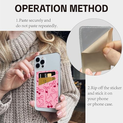 CREATCABIN Bowknot Phone Card Holder Leather Cell Phone Wallet Stick on Adhesive Credit Card Holder Slim Double Pocket Sticker for Back of Phone Case Compatible with Most Phones 3.7 x 2.5 Inch - style: Bowknot