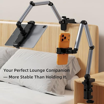 Aluminum Foldable Arm Tablet Stand, 360° Rotatable Phone Holder iPad Stand, Adjustable Tablet Mount for 4.7"-15.6" iPad, iPhone, Galaxy Tab, Compatible with Desk Bedside Kitchen, Gray