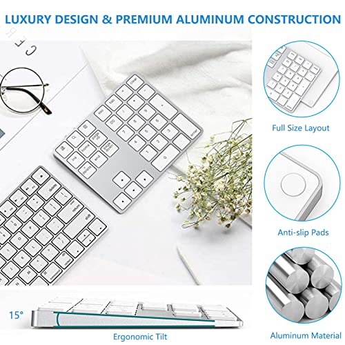 Lekvey Bluetooth Number Pad, Aluminum Rechargeable Wireless Numeric Keypad - color: White and Silver