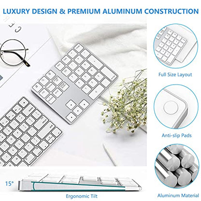 Lekvey Bluetooth Number Pad, Aluminum Rechargeable Wireless Numeric Keypad - color: White and Silver
