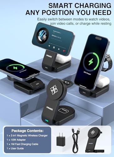 3 in 1 Foldable Charging Station for Apple Devices, Wireless Charger Stand for MagSafe Charger for iPhone 17/16/15/14/13/12, Phone Watch Charging Station for iWatch 10-2, for AirPods