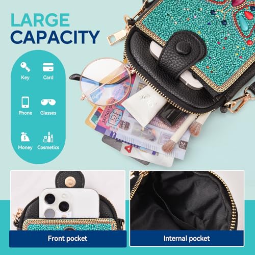 Women's Small Crossbody Cell Phone Bag, Boho Colorful Beaded Purse Wallet with Handmade Cute Patterns - color: Butterfly-blue