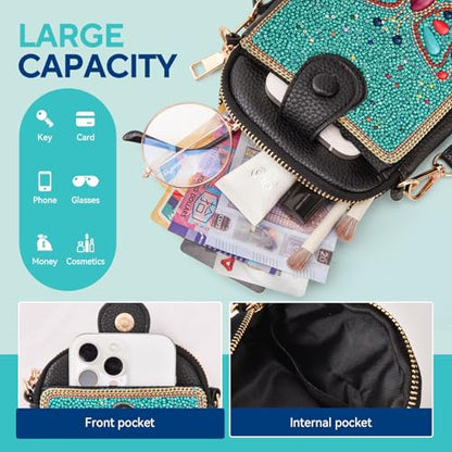 Women's Small Crossbody Cell Phone Bag, Boho Colorful Beaded Purse Wallet with Handmade Cute Patterns - color: Butterfly-blue
