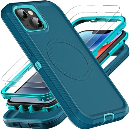 YKHJKLEC for iPhone 13/iPhone 14 Case, Compatible with Magsafe, 3 in 1 Heavy Duty Shockproof/Drop Proof/Dust Proof Case with 2Pcs Tempered Glass Screen Protector (New-Blue/Turquoise) - color: New-Blue/Turquoise