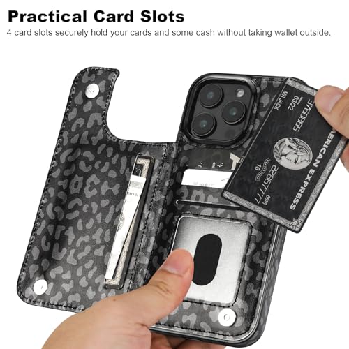 HAOPINSH for iPhone 16 Pro Max Wallet Case with Card Holder, Black Leopard Cheetah Pattern Back Flip Folio PU Leather Kickstand Card Slots Case for Women Girls, Double Magnetic Clasp Shockproof 6.9" - color: Black Leopard