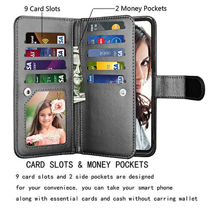 Njjex Wallet Case for Galaxy S21 5G - 9 Card Slots, PU Leather, Detachable Kickstand, Magnetic Cover & Lanyard - Black - color: Black