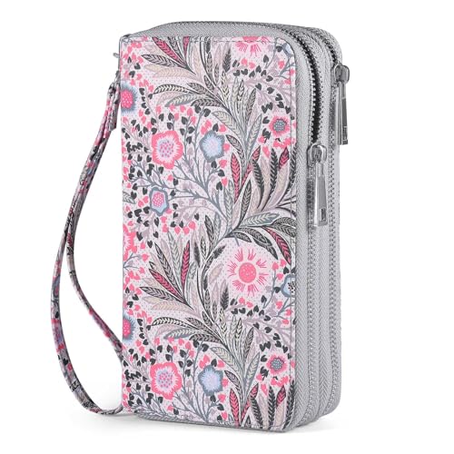 RFID Blocking Cellphone Wallet for Women with Wrist Strap, Double Zipper Travel Clutch Purse Large Capacity, Fissidens Flower - color: Pink Fissidens Flower
