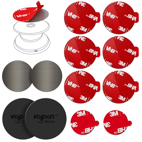 volport Extra Tape Super Sticky Adhesive Replacement and Phone Magnet Sticker Disc for Reusing Grip Stand Socket Base, Circle Double Sided Car Mount Holder Strong Glue Pads Round Magic Metal Plate