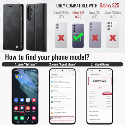 for Samsung Galaxy S25 5G 2in1 Detachable Wallet Case, Black | Compatible with Magsafe, Magnetic, RFID Blocking Card Holder, Shockproof, Kickstand, Wireless Charging, PU Leather Flip Cover - color: Retro Black, size: Galaxy S25 - 6.2"