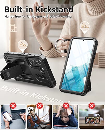 SOiOS for Samsung Galaxy S22 Case with Built-in Screen Protector, Kickstand | 20FT Military-Grade Drop Shockproof Protection, Durable Matte Textured, Rugged Heavy Duty Full Body Protective Cover - color: Black