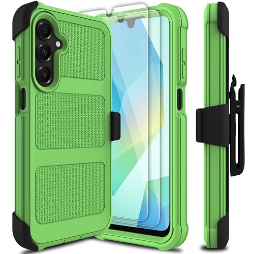 for Samsung Galaxy A16 5G Case with 2 Pack Tempered Glass Screen Protector, [Holster Series] Belt Clip Hard Tough Heavy Duty Rugged Shockproof Protective Cell Phone Case (Green) - color: Green