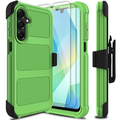 for Samsung Galaxy A16 5G Case with 2 Pack Tempered Glass Screen Protector, [Holster Series] Belt Clip Hard Tough Heavy Duty Rugged Shockproof Protective Cell Phone Case (Green) - color: Green