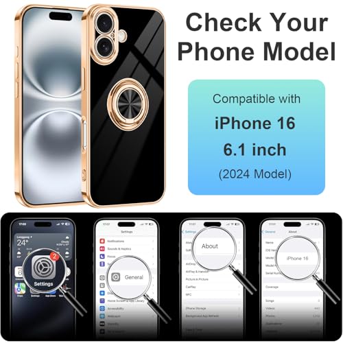 Dinick Black for iPhone 16 Case with Ring Holder Kickstand - color: Black, size: 6.1'' iPhone 16