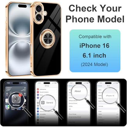 Dinick Black for iPhone 16 Case with Ring Holder Kickstand - color: Black, size: 6.1'' iPhone 16