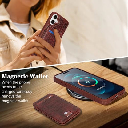 Ｈａｖａｙａ Leather Wallet Case for iPhone 16 - Espresso Brown | Crocodile-textured leather, detachable wallet, 5-card slots & kickstand, MagSafe 15W fast charge, raised bezels - color: Espresso Brown