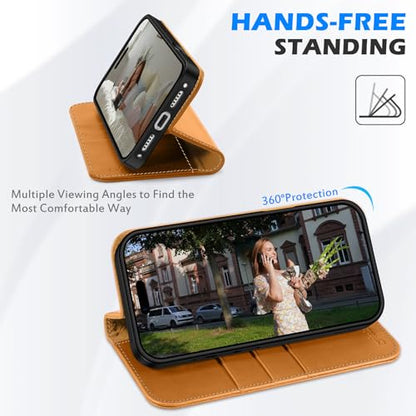SHIELDON Real Leather Wallet Case for iPhone 17 Pro 6.3", Retro Light Brown | Magnetic Closure, RFID Blocking, Credit Card Slot, Kickstand, Flip Book Design, Shockproof Phone Cover - color: Retro Light Brown